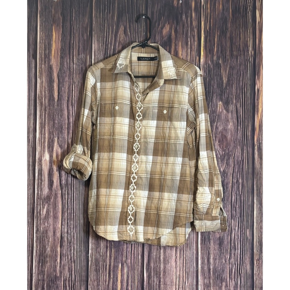 Lauren Ralph Lauren Tan Plaid Shirt Womens M Western Embroidered Twill Brown Top